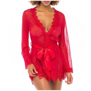 Oh La La Cherie  Set Red Slip Dress String Sheer Lace Trim Tie NWT Size S/M